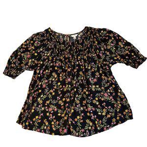 Terra & Sky Smocked Top Women’s 1X Black Floral Peasant Boho 3/4 Sleeves Flowy
